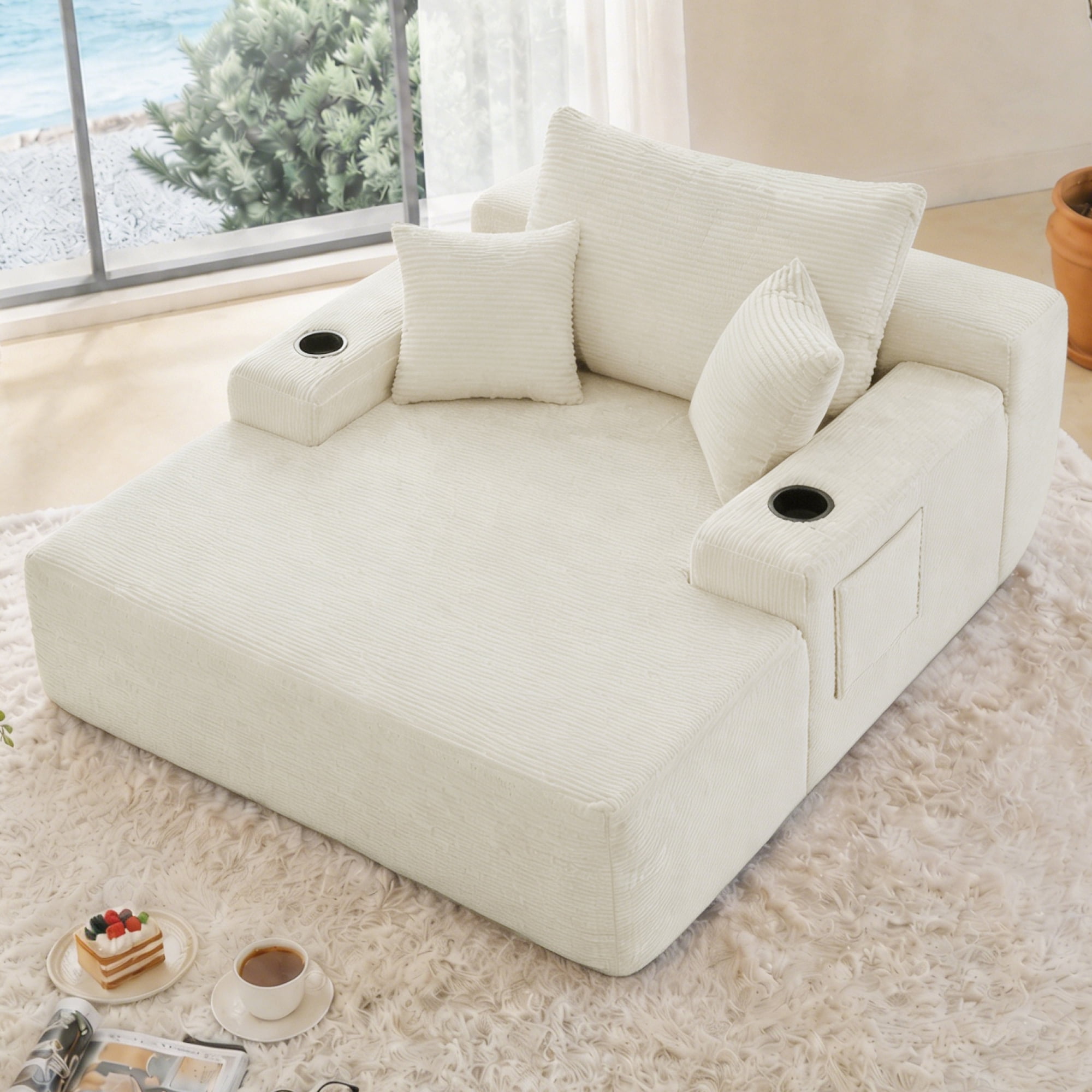 Leumius Oversized Chaise Lounge Chair Indoor,Upholstered Corduroy Cloud Couch Boneless Sofa Bed with Wide Armrest & Throw Pillows,Cup Holder for Living Room,Bedroom,No Assembly Required,Beige