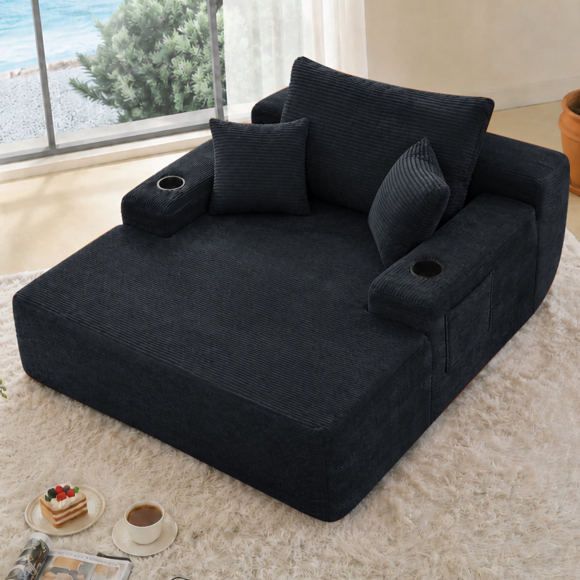 Leumius Oversized Chaise Lounge Chair Indoor,Upholstered Corduroy Cloud Couch Boneless Sofa Bed with Wide Armrest & Throw Pillows,Cup Holder for Living Room,Bedroom,No Assembly Required,Black