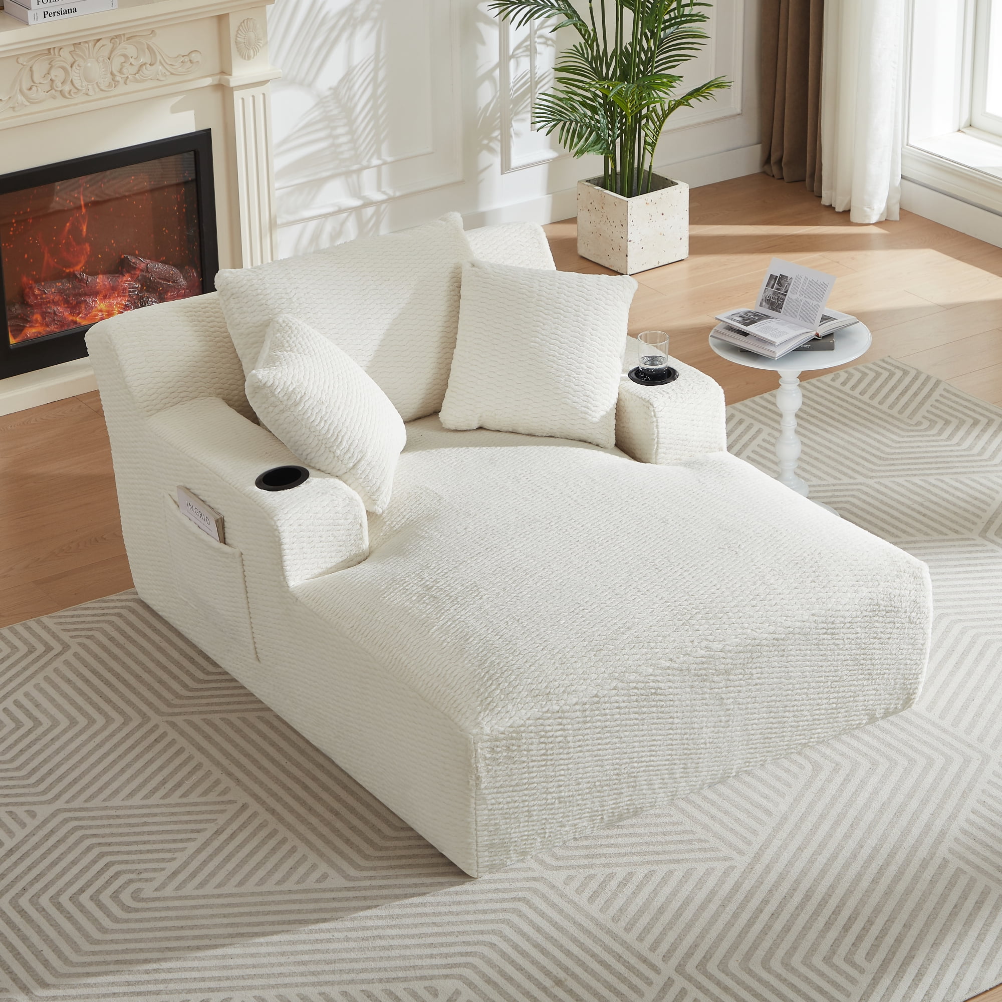 Leumius Oversized Chaise Lounge Chair Indoor,Upholstered Sofa Bed with Pillows and Cupholders,No Assembly Required,Cream
