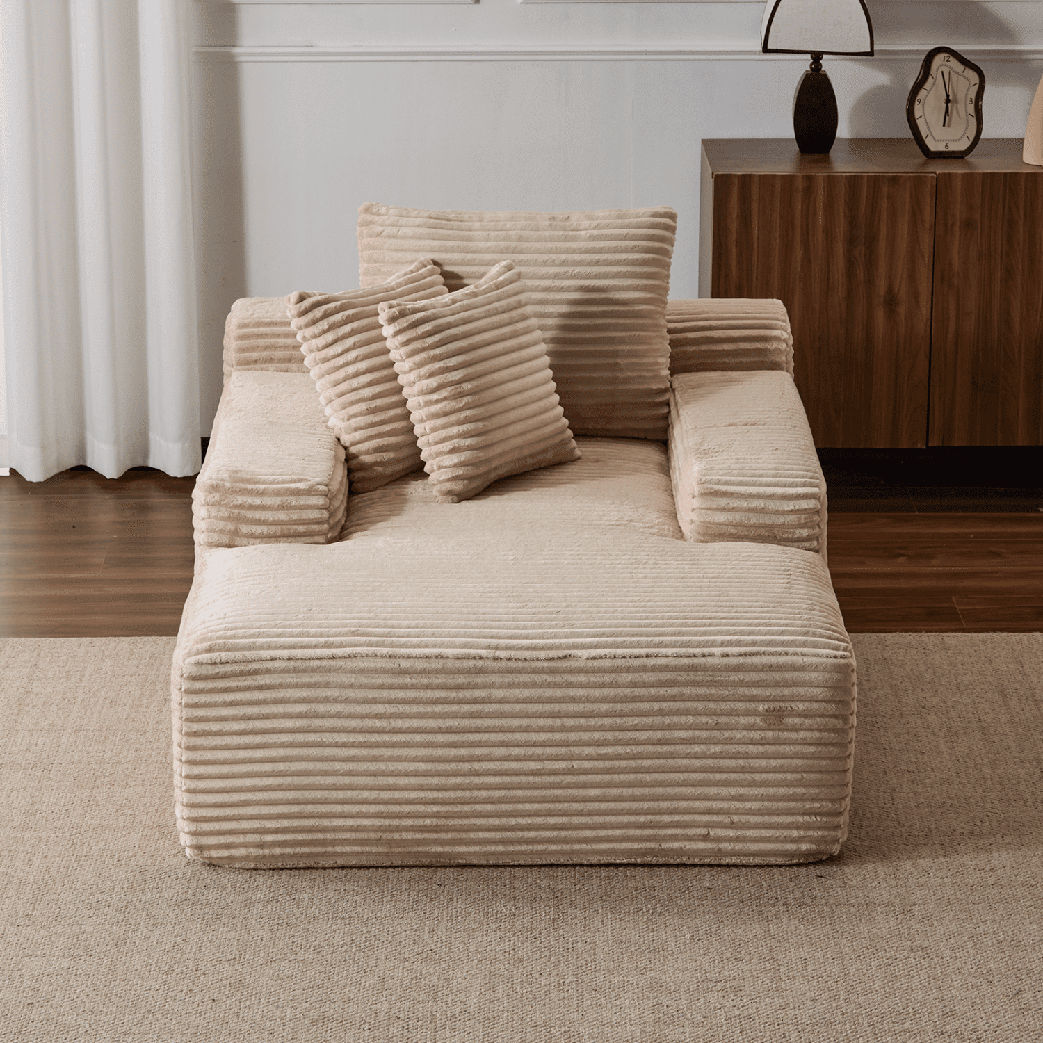 Leumius Oversized Chaise Lounge Indoor,Cozy Cloud Couch Modern Plush Corduroy Upholstered Sofa Bed with 3 Pillows and Wide Armrest for Living Room, No Assembly Required,Beige