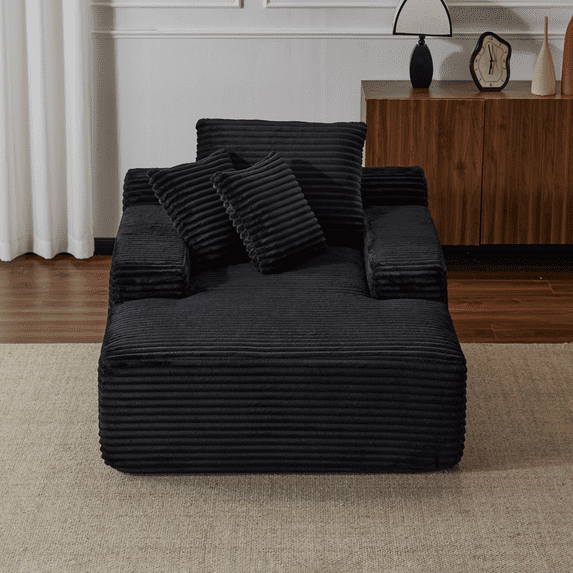Leumius Oversized Chaise Lounge Indoor,Cozy Cloud Couch Modern Plush Corduroy Upholstered Sofa Bed with 3 Pillows and Wide Armrest for Living Room, No Assembly Required,Black