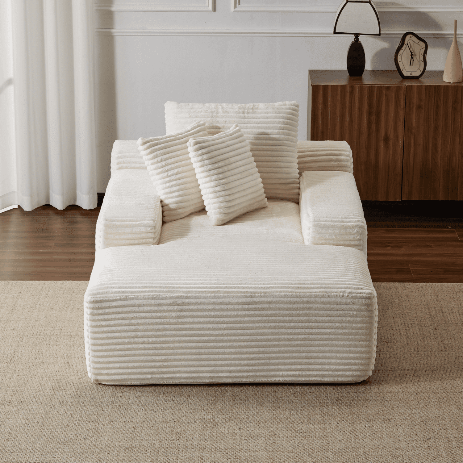 Leumius Oversized Chaise Lounge Indoor,Cozy Cloud Couch Modern Plush Corduroy Upholstered Sofa Bed with 3 Pillows and Wide Armrest for Living Room, No Assembly Required,White