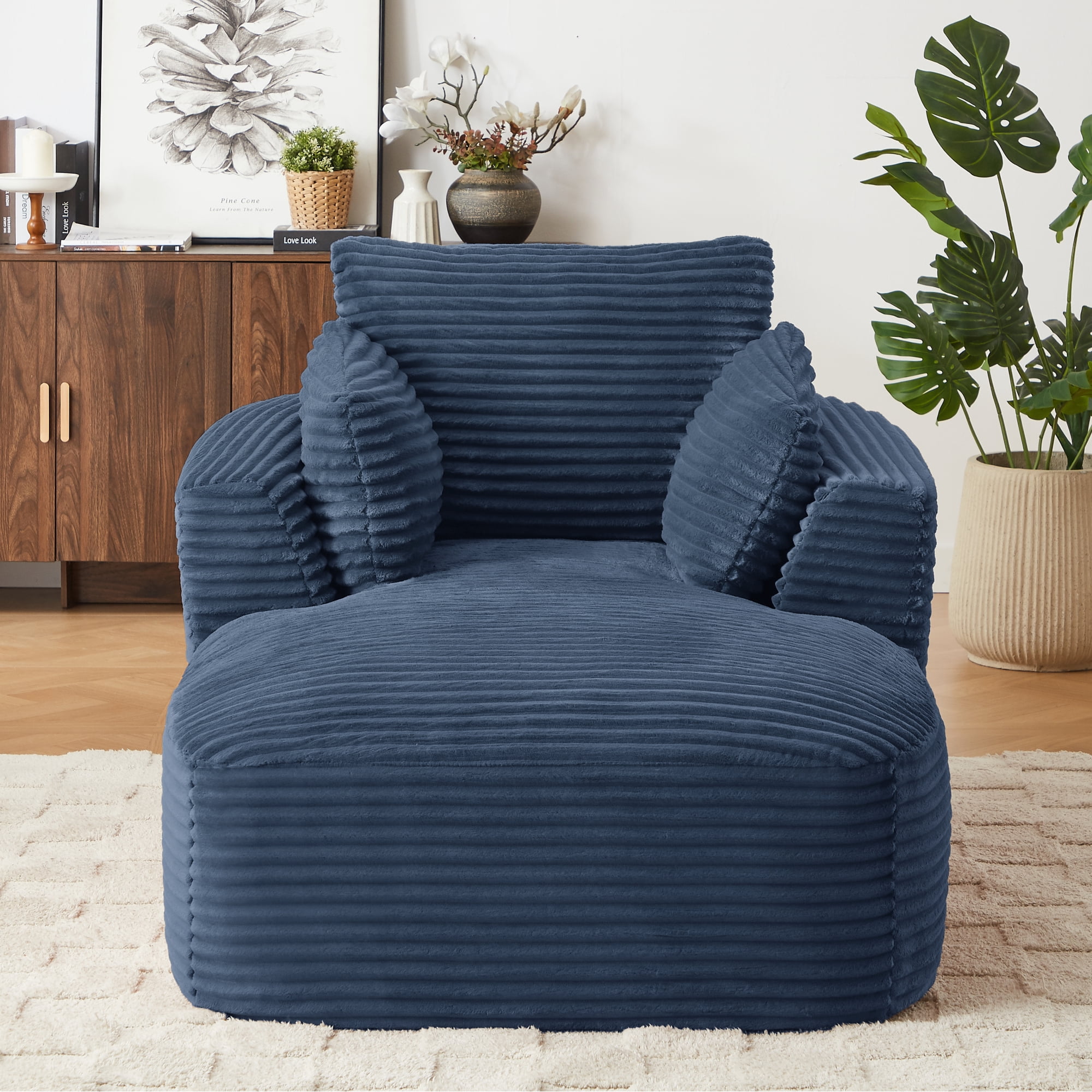 Leumius Oversized Corduroy Chaise Lounge Chair, Corduroy Upholstered Modern Sofa Couch,Comfy Sleeper Sofa for Living Room Dorm Apartment No Assembly Required Blue