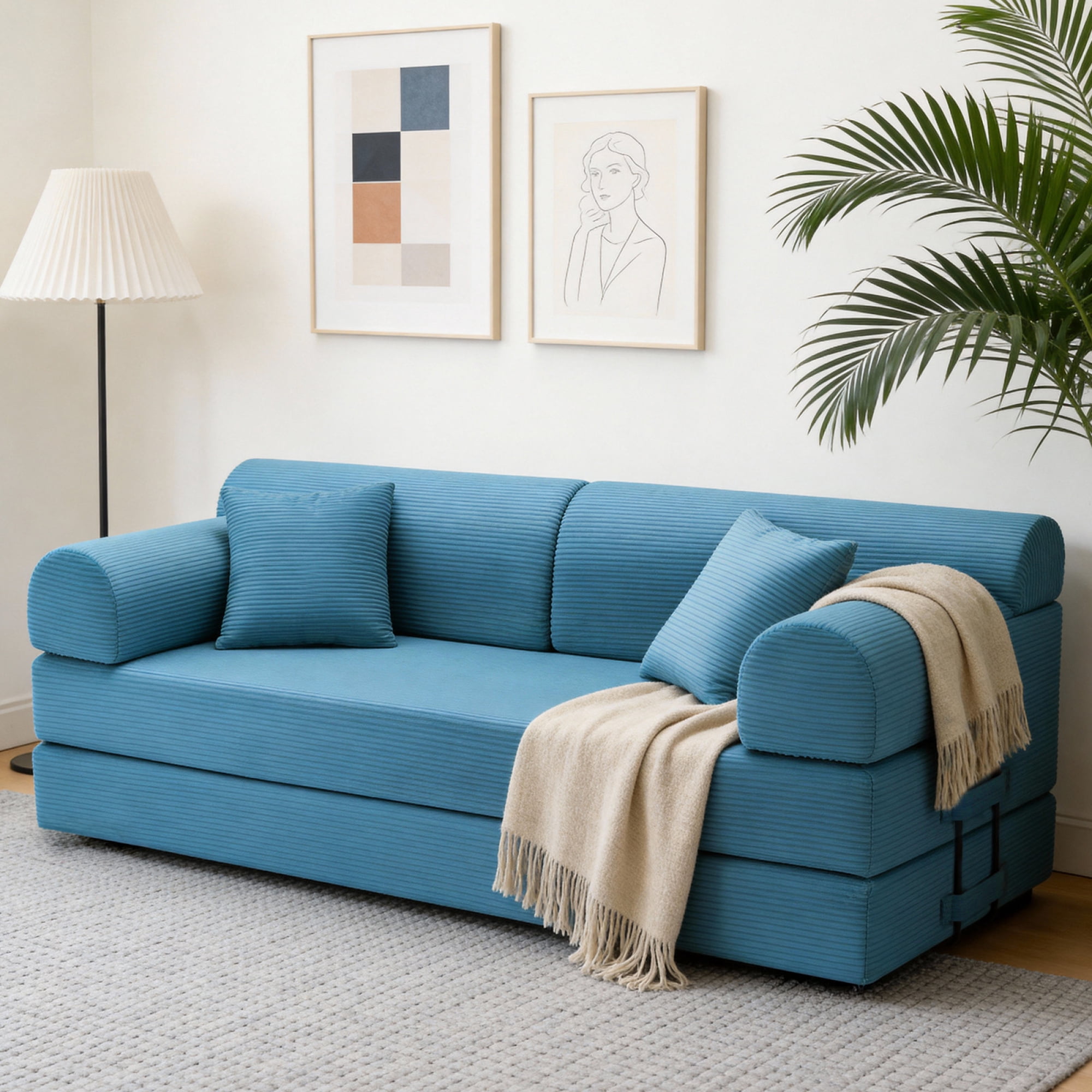 Leumius Oversized Corduroy Futon Sofa Bed Couch,78" Convertible Folding Mattress Couch with Fixed-Shape Frame,Floor Sofa Lounge Couch for Small Spaces,Apartments,Living Rooms,Sky Blue
