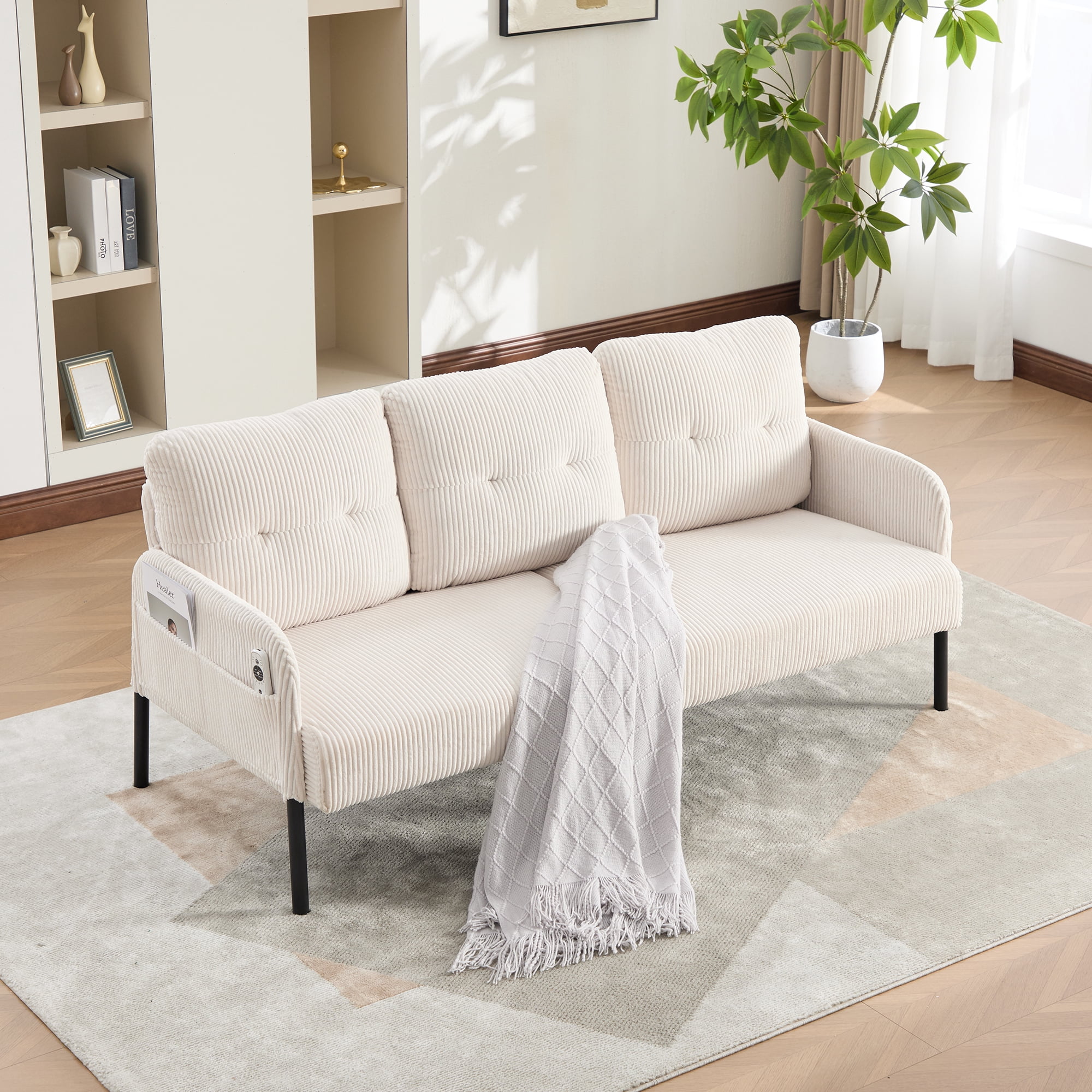 Leumius Oversized Loveseat, Modern & Plush Double-seater Sofa, Corduroy Upholstered Couch, Cozy Bedroom Sofa with Metal Legs & Side Pockets for Living Room Bedroom Dorm Apartment Beige