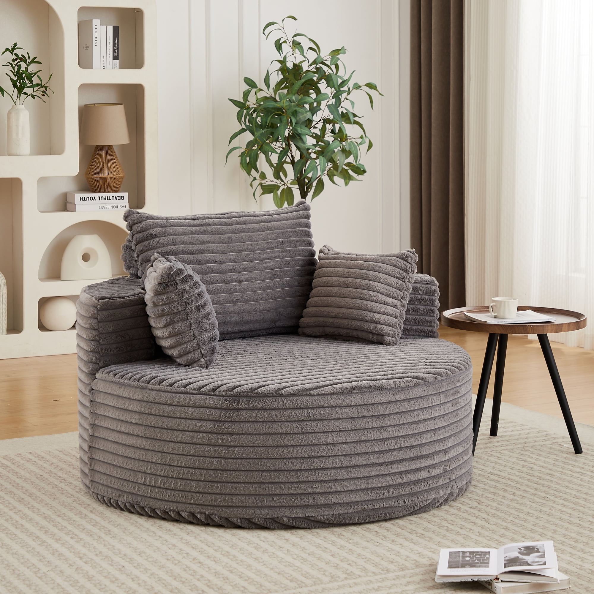 Leumius Oversized Round Chair Lounge Chaise Indoor,50" Upholstered Corduroy Deep Seat Single Cloud Sofa Chair, Fluffy Modern Large Circle Boneless Sleeper Sofa for Living Room, Bedroom,Gray
