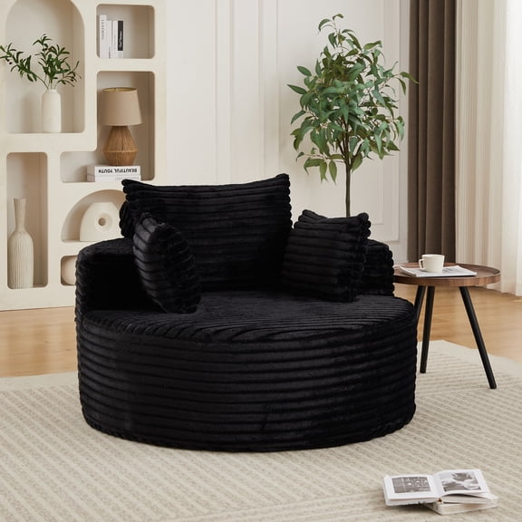 Leumius Oversized Round Chair Lounge Chaise Indoor,50" Upholstered Corduroy Deep Seat Single Cloud Sofa Chair, Fluffy Modern Large Circle Boneless Sleeper Sofa for Living Room, Bedroom,Black