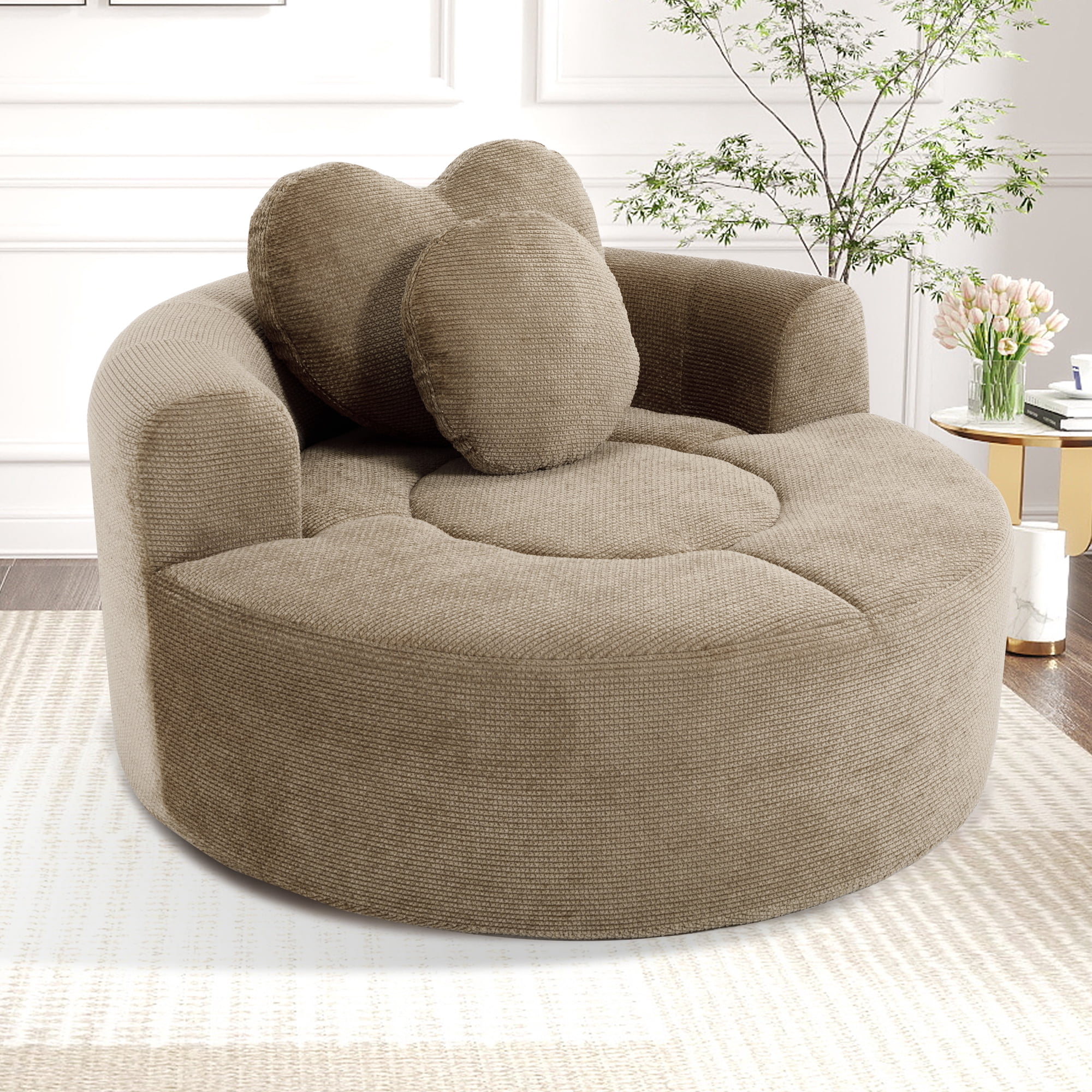 Leumius Oversized Round Chair Lounge Chaise Indoor,Upholstered Round Sofa Bed with Memory Foam,Comfy Cloud Circle Chair with Deep Seat for Living Room Bedroom,No Assembly Required,Brown