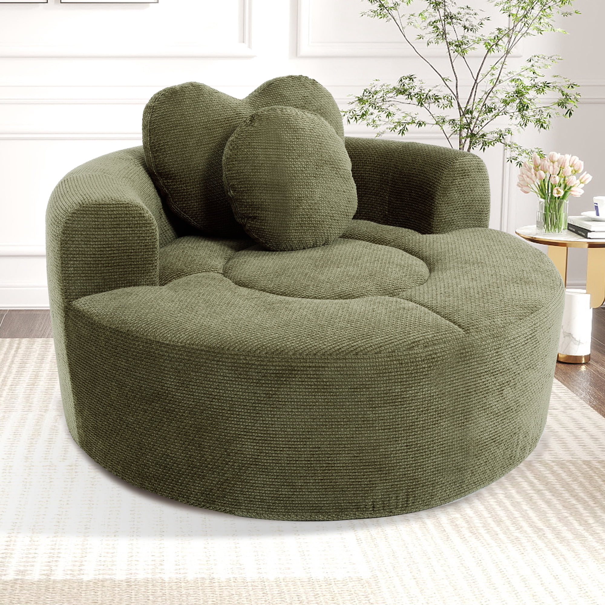 Leumius Oversized Round Chair Lounge Chaise Indoor,Upholstered Round Sofa Bed with Memory Foam,Comfy Cloud Circle Chair with Deep Seat for Living Room Bedroom,No Assembly Required,Green