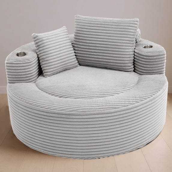 Leumius Oversized Round Chaise Lounge Sofa,Upholstered Lounge Chair with 2 Pillows and Cupholders,Boneless Sofa Couch with Memory Foam,Deep Seat Sleeper Chair for Living Room,No Assembly,Gray