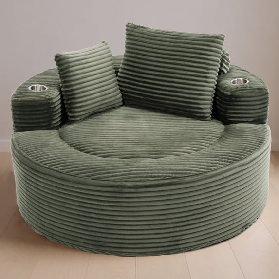 Leumius Oversized Round Chaise Lounge Sofa,Upholstered Lounge Chair with 2 Pillows and Cupholders,Boneless Sofa Couch with Memory Foam,Deep Seat Sleeper Chair for Living Room,No Assembly,Green