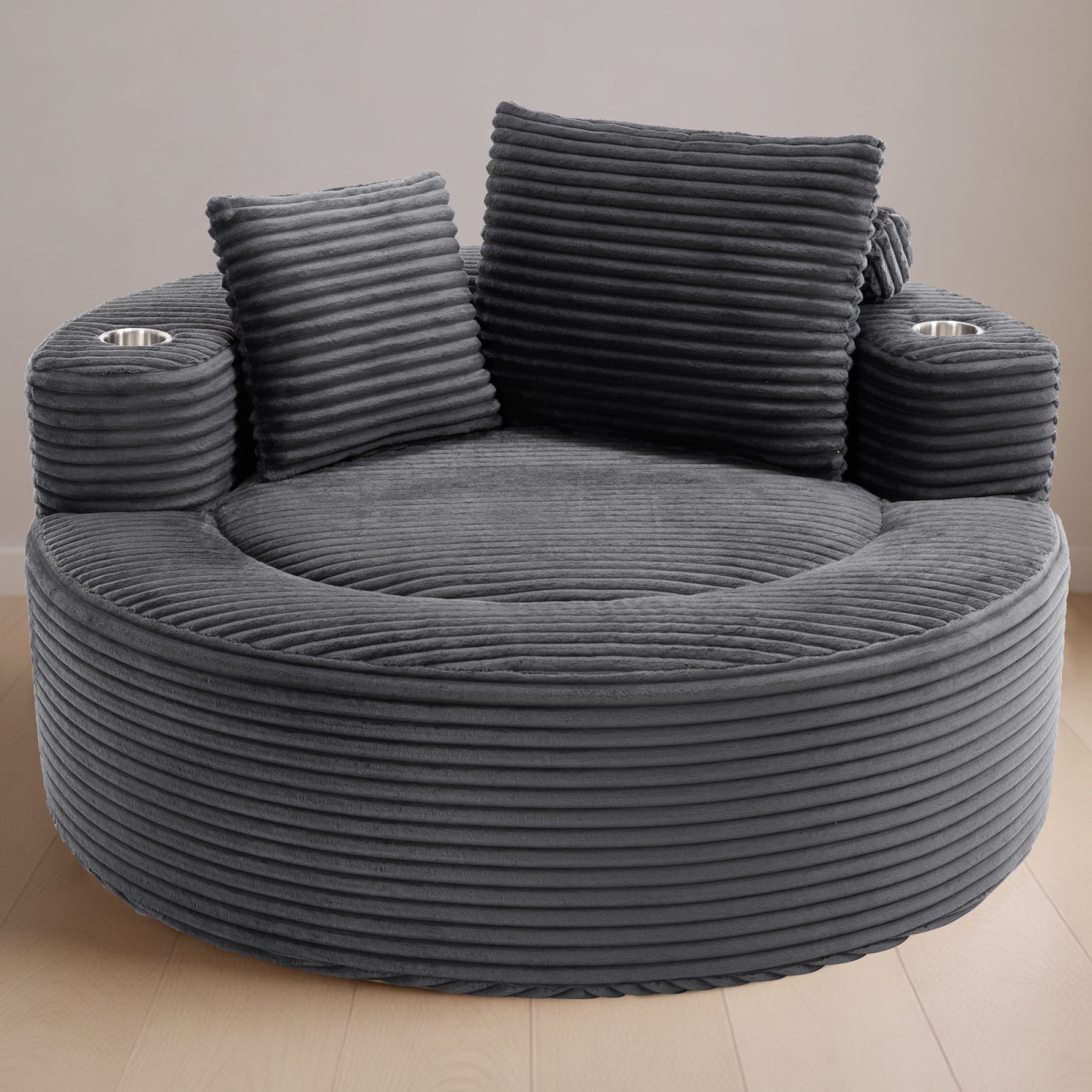 Leumius Oversized Round Chaise Lounge Sofa,Upholstered Lounge Chair with 2 Pillows and Cupholders,Boneless Sofa Couch with Memory Foam,Deep Seat Sleeper Chair for Living Room,No Assembly,Dark Gray