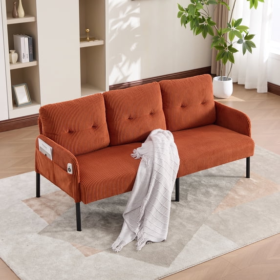 Leumius Oversized Sofa Couch for Living Room,68" Corduroy Upholstered Couch with Metal Legs & Side Pockets for Bedroom, Office or Apartment,Orange