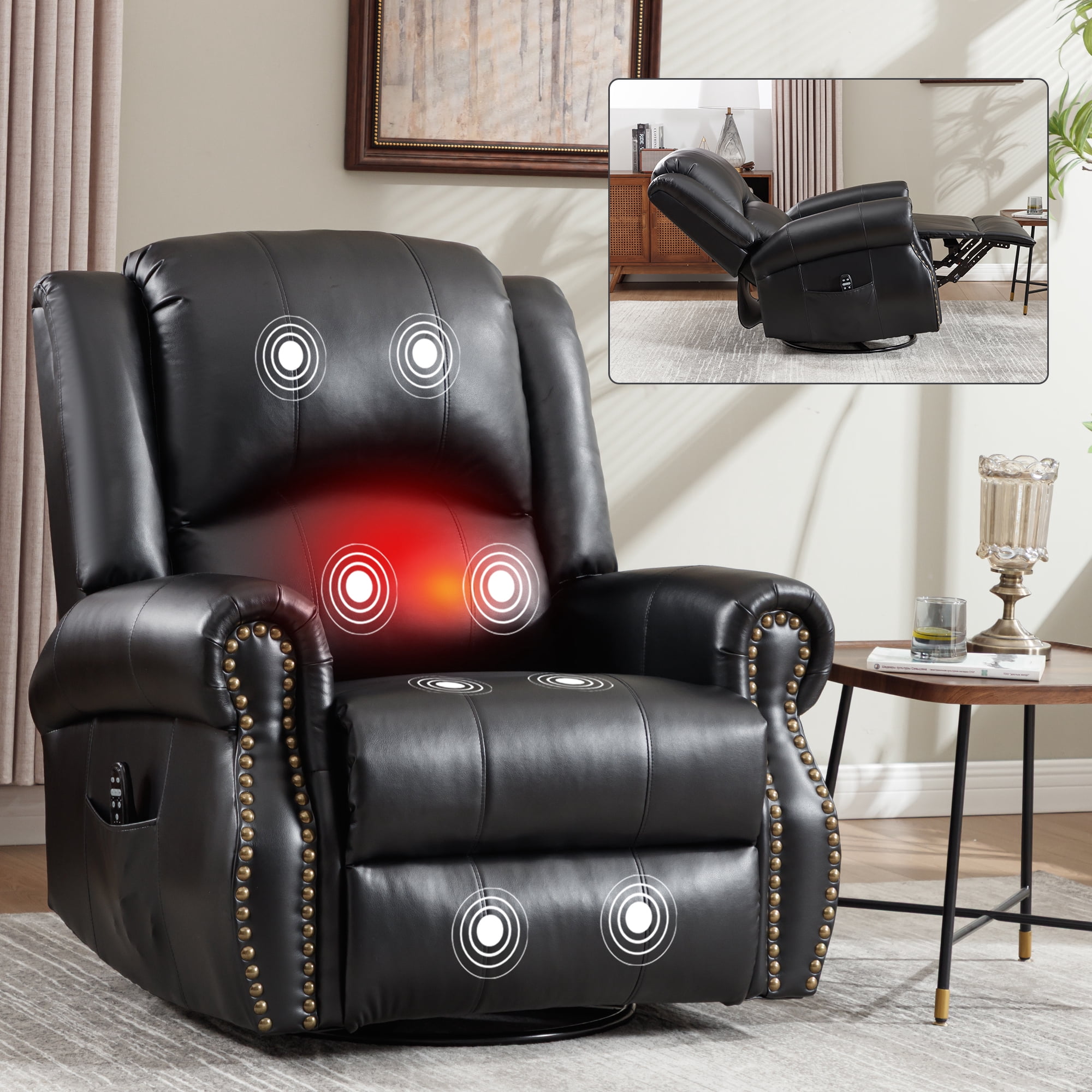 Leumius Oversized Swivel Recliner Chair for Adults,Swivel Rocker Recliner with Vibration Massage and Lumbar Heating for Living Room,Rivet Design,Black