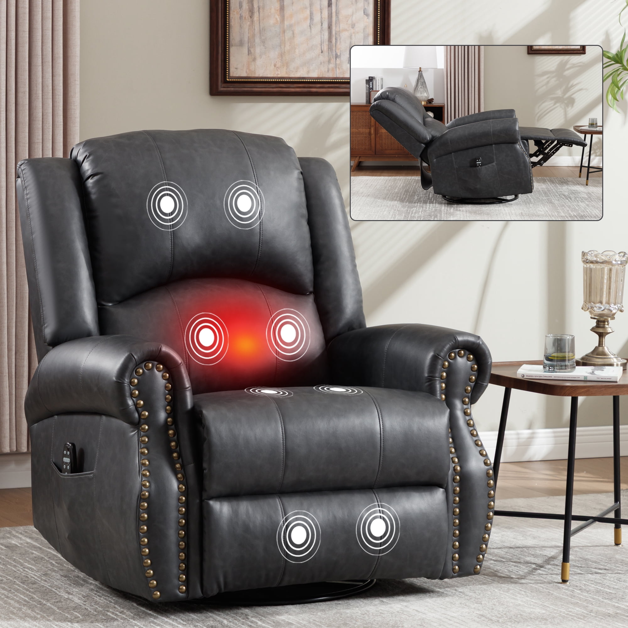 Leumius Oversized Swivel Recliner Chair for Adults,Swivel Rocker Recliner with Vibration Massage and Lumbar Heating for Living Room,Rivet Design,Gray