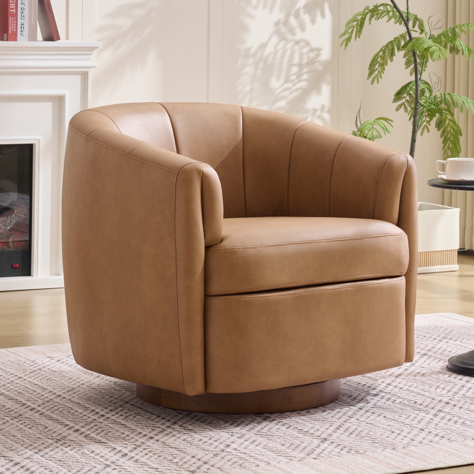 Leumius PU Leather Swivel Accent Chair, Upholstered Armchair with Solid Wood Base,Comfy Reading Chair With Curved Thickened Backrest,Camel PU
