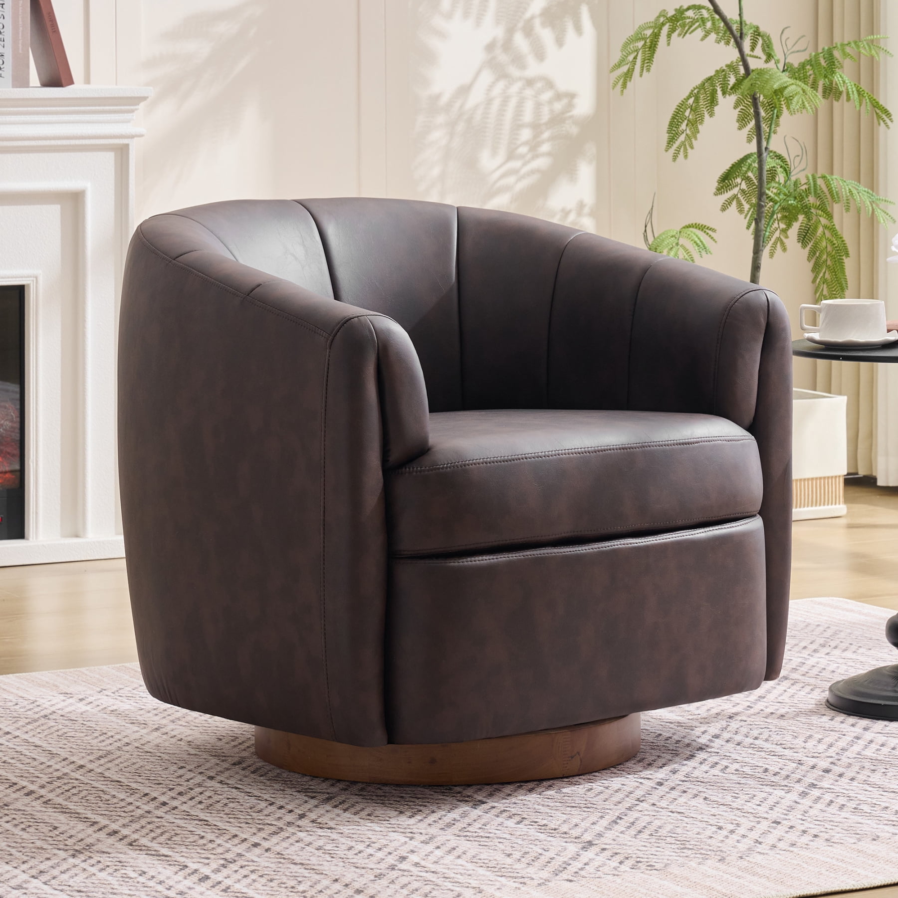 Leumius PU Leather Swivel Accent Chair, Upholstered Armchair with Solid Wood Base,Comfy Reading Chair With Curved Thickened Backrest,Dark Brown PU