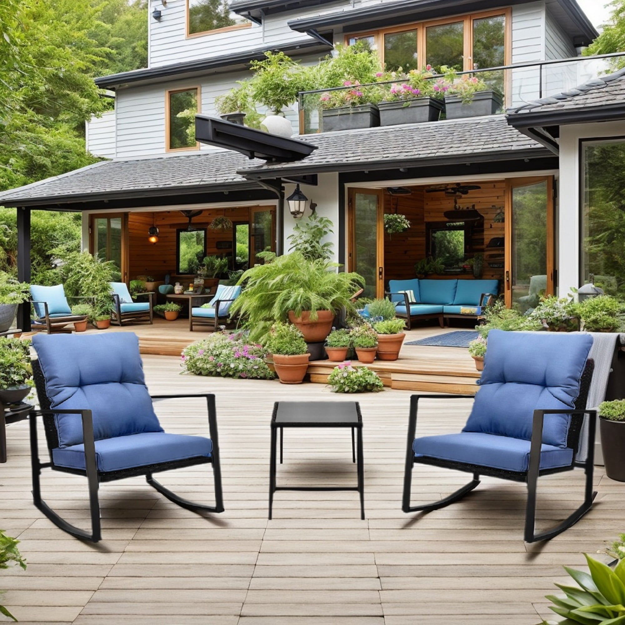 Leumius Patio Furniture Set,3 Pieces Outdoor Rocking Chairs Set with 2 Chairs & Side Table,Weather-Resistant Patio Furniture for Garden,Bistro,Porch,Blue