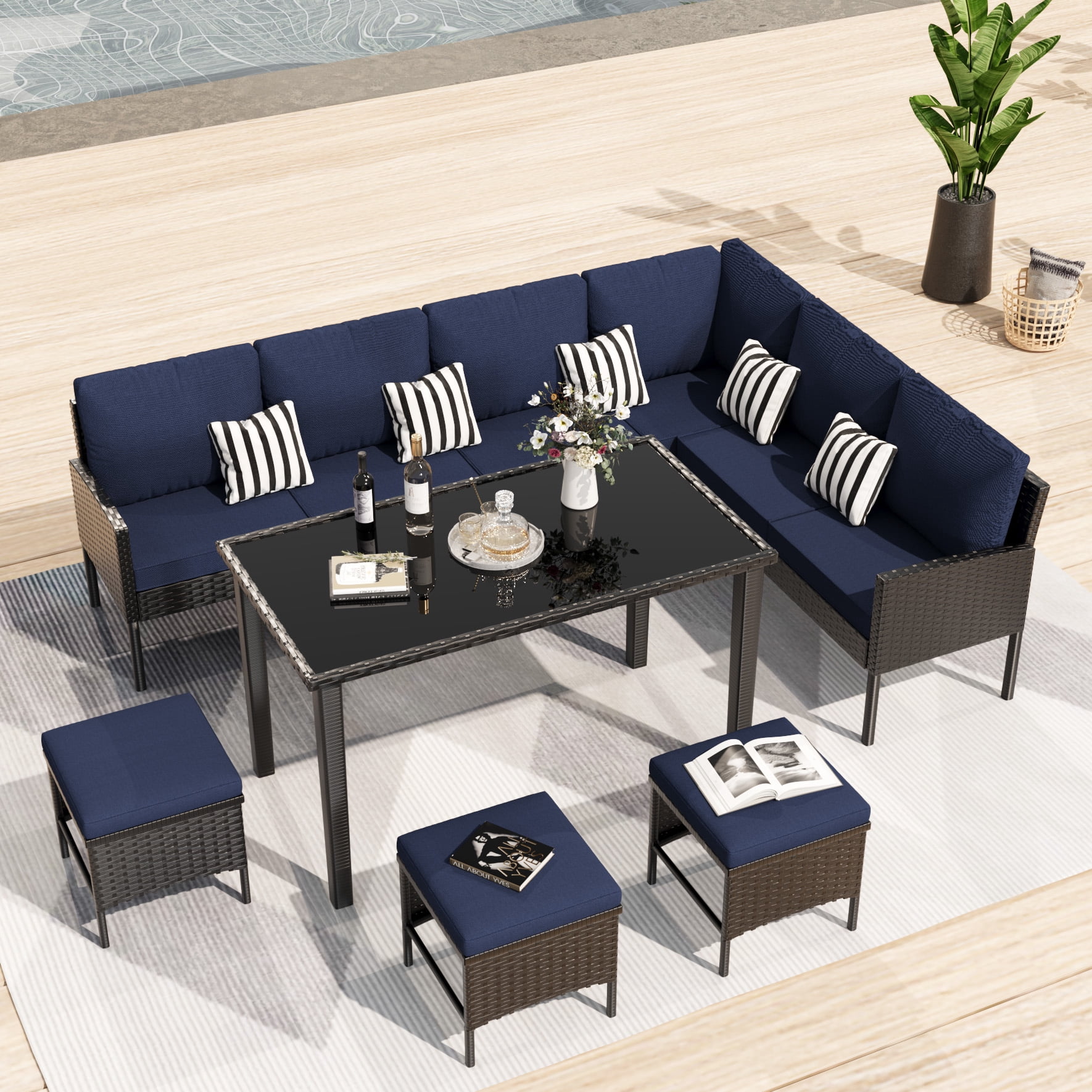 Leumius Patio Furniture Set,7-Piece Outdoor Sectional Sofa with Tempered Glass Table,Rattan Outdoor Conversation Set for Backyard & Porch,Garden,Blue