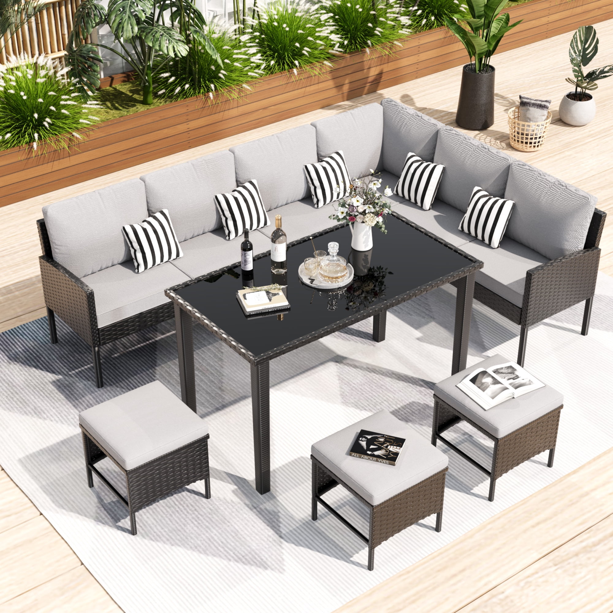 Leumius Patio Furniture Set,7-Piece Outdoor Sectional Sofa with Tempered Glass Table,Rattan Outdoor Conversation Set for Backyard & Porch,Garden,Gray