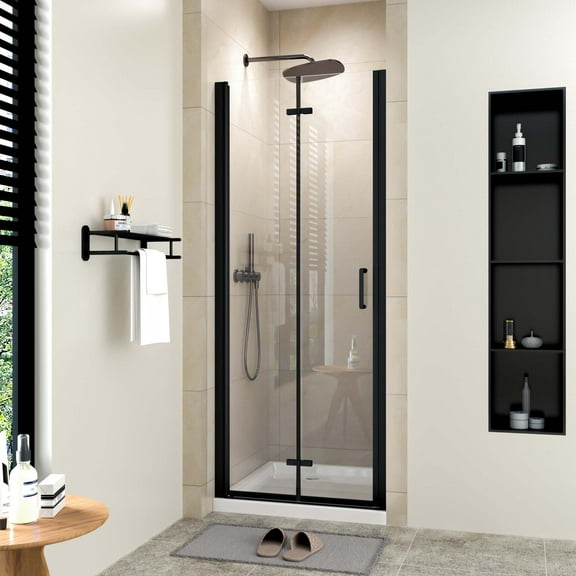 Leumius Pivot Shower Doors, 30" W x 72"H Frameless Bi-fold SwingShower Door,1/4" (6mm) ClearTempered Glass, Matte Black, Reversible lnstallation