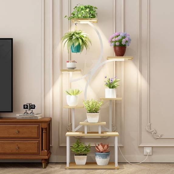 Leumius Plant Stand with Grow Lights, 62" Tall Plant Shelf, Lighted Corner Plant Stands for Indoor Growing, 8 Tiered Large Flower Holder, S-Shaped Decorative Rack for Living Room Home Patio White
