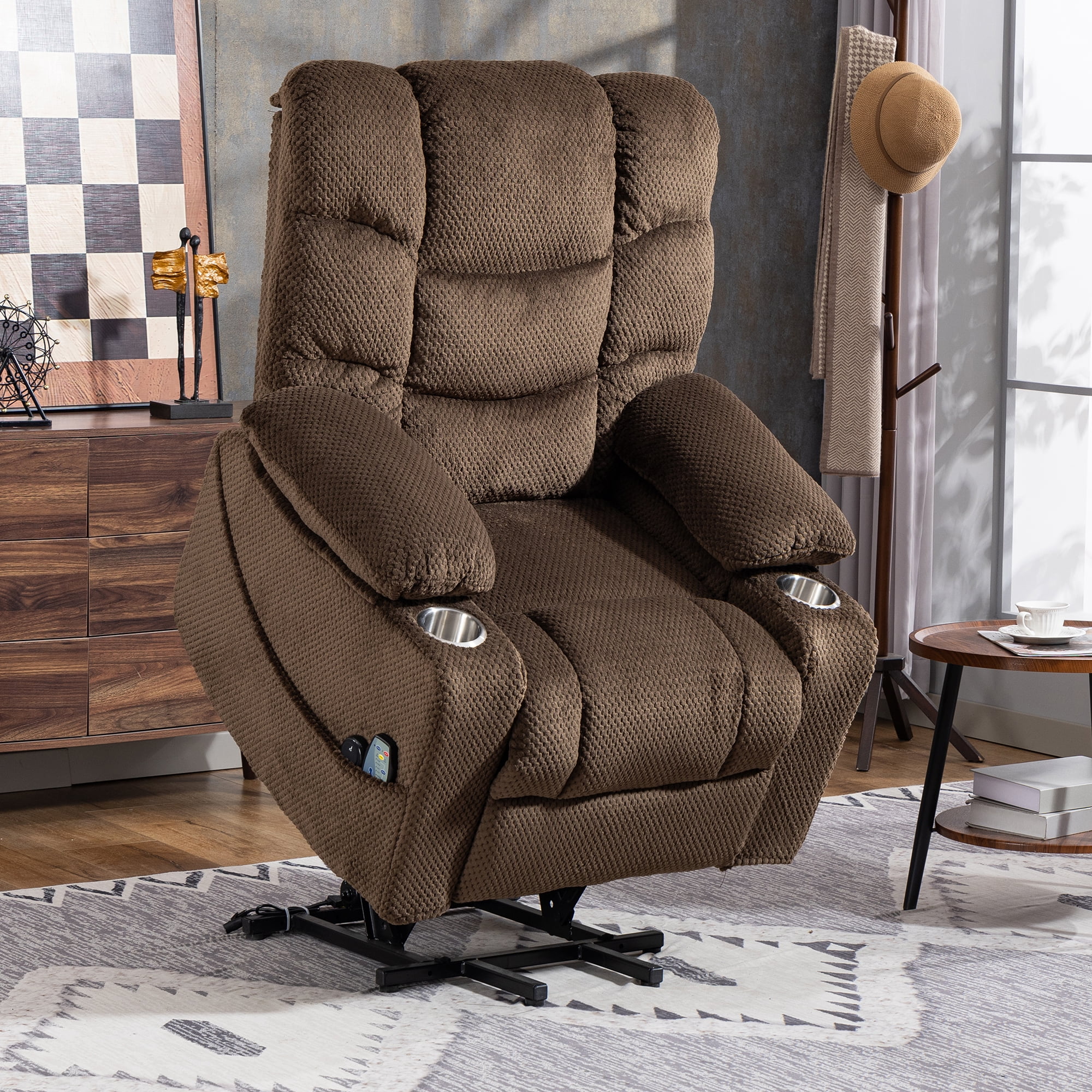 Leumius Power Lift Recliner Chair for Adult,Oversized Recliner with Massage and Heating,Ergonomic Lounge Chair with 2 Cup Holders for Living Room, Bedroom,Brown