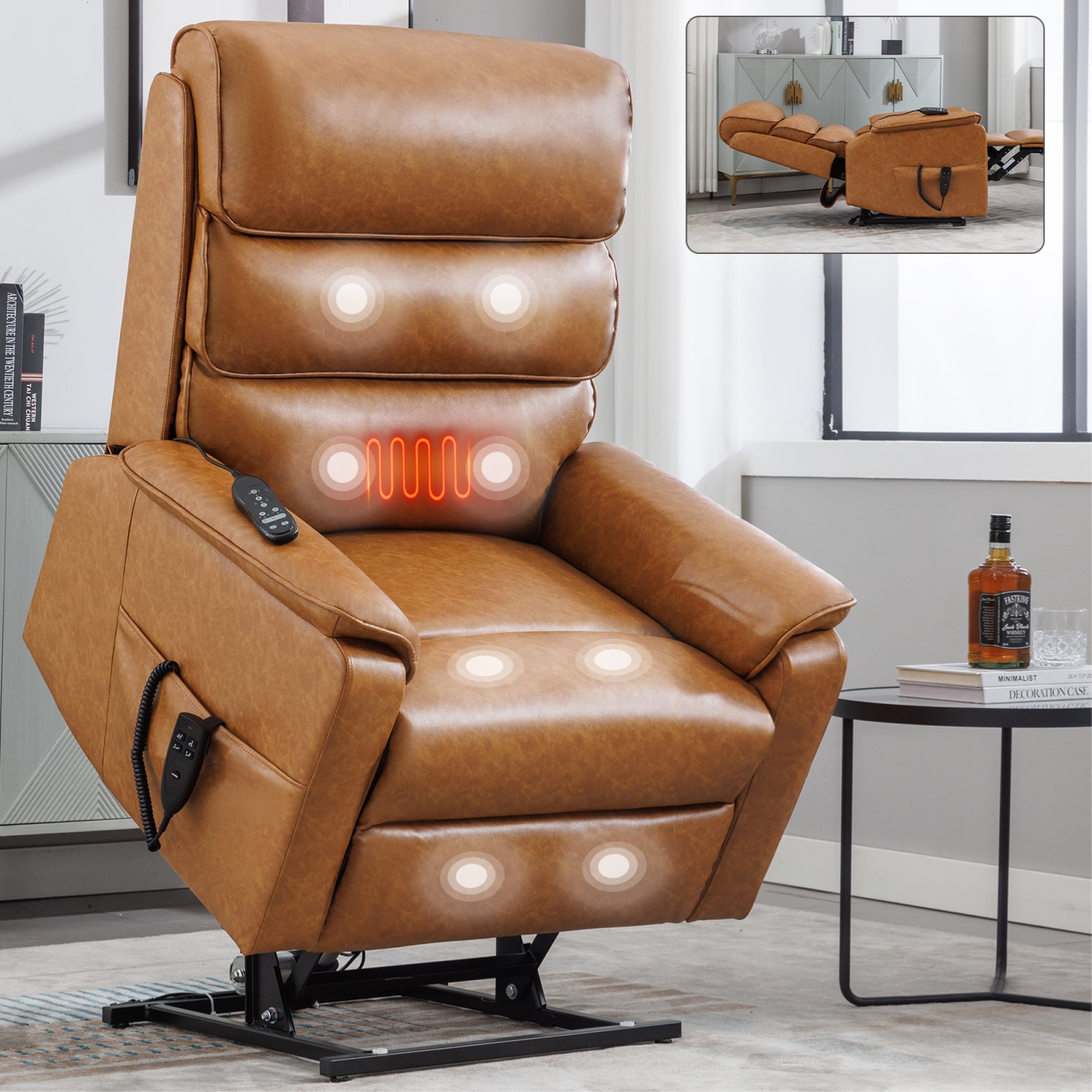 Leumius Power Lift Recliner Chair for Elderly with Vibration Massage and Lumbar Heating,Electric Lift Recliner Single Sofa with Side Pocket and Infinite Position for Living Room,Yellow Brown