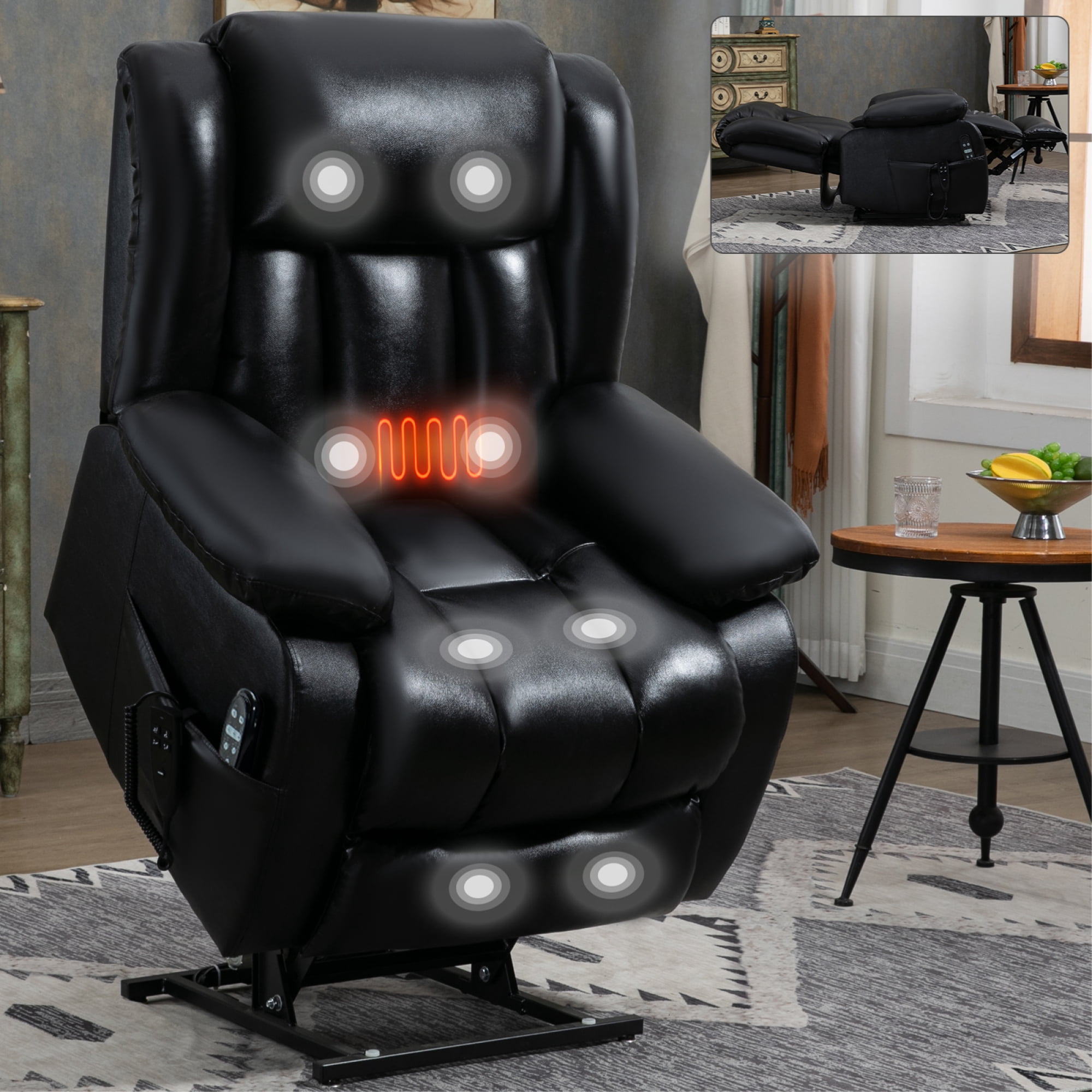 Leumius Power Lift Recliner Chair for Elderly with Vibration Massage and Lumbar Heating,Electric Recliner Single Sofa with Side Pocket for Living Room,Black
