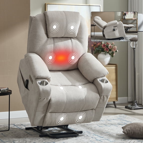 Leumius Power Lift Recliner Chair,Heavy Duty Recliners with 8-Point Vibration Massage and Lumbar Heating,Oversized Single Sofa with Cup Holder,USB and Type-C Ports,Beige