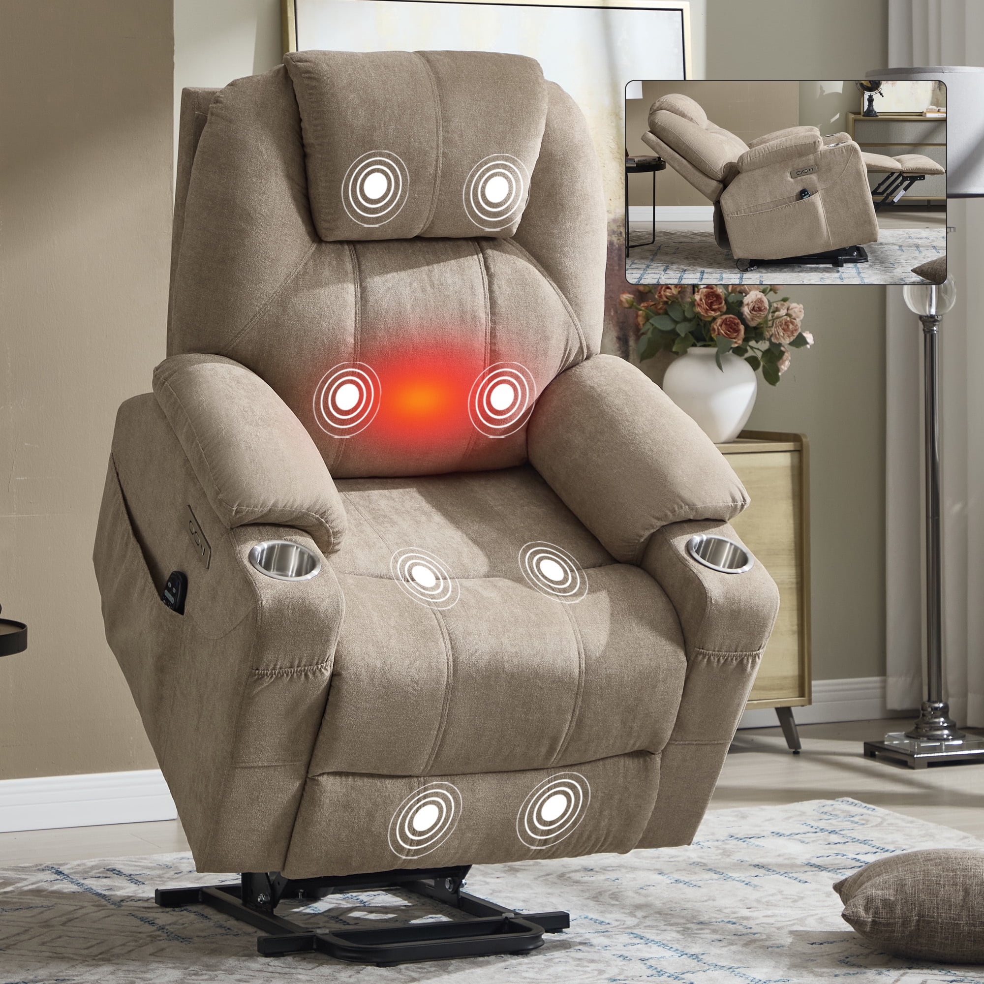 Leumius Power Lift Recliner Chair,Heavy Duty Recliners with 8-Point Vibration Massage and Lumbar Heating,Oversized Single Sofa with Cup Holder,USB and Type-C Ports,Khaki