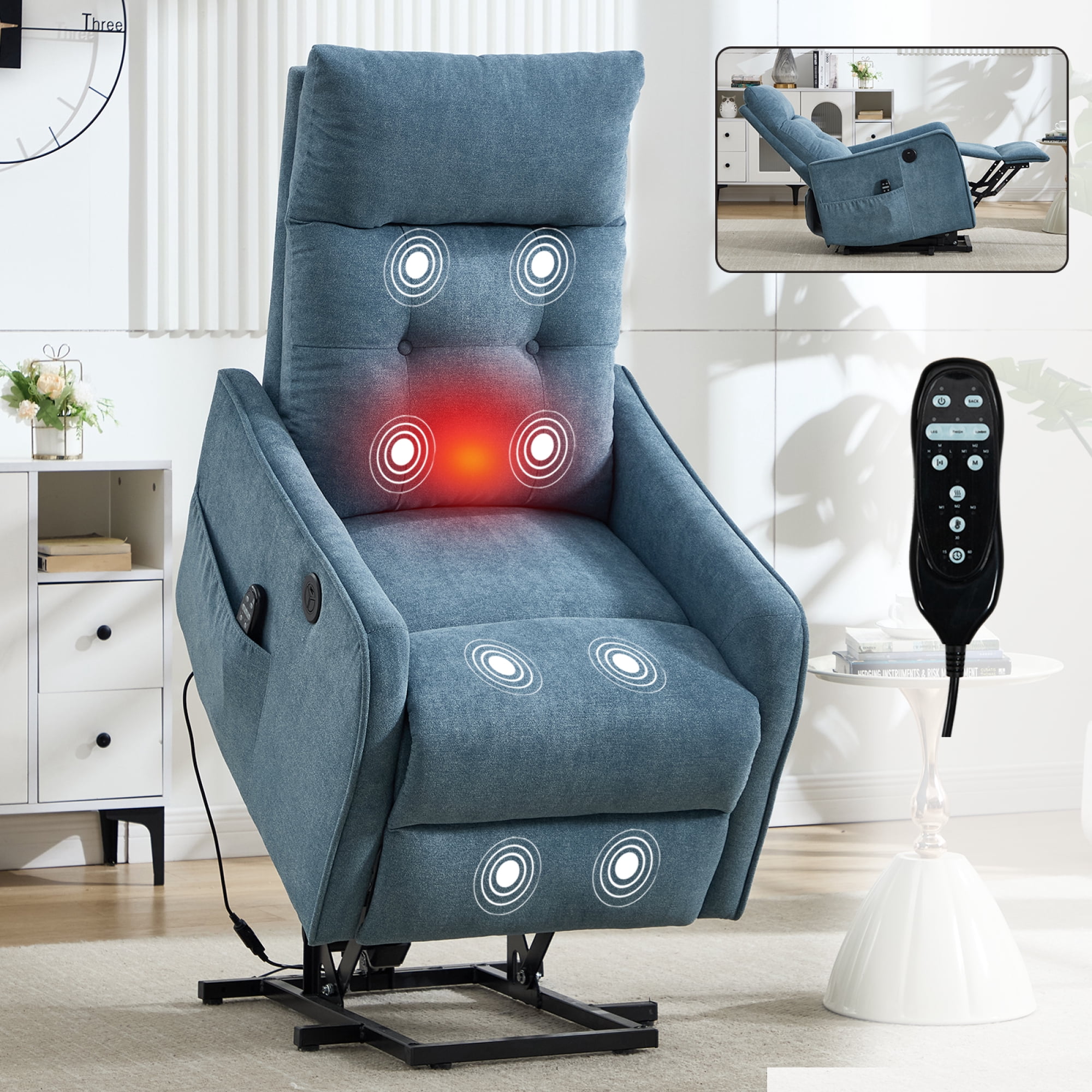 Leumius Power Lift Recliner Chair with Massage and Heat for Elderly,Heavy Duty Electric Reclining Chair with Side Pockets,USB Charge Port for Living Room,Blue+Chenille