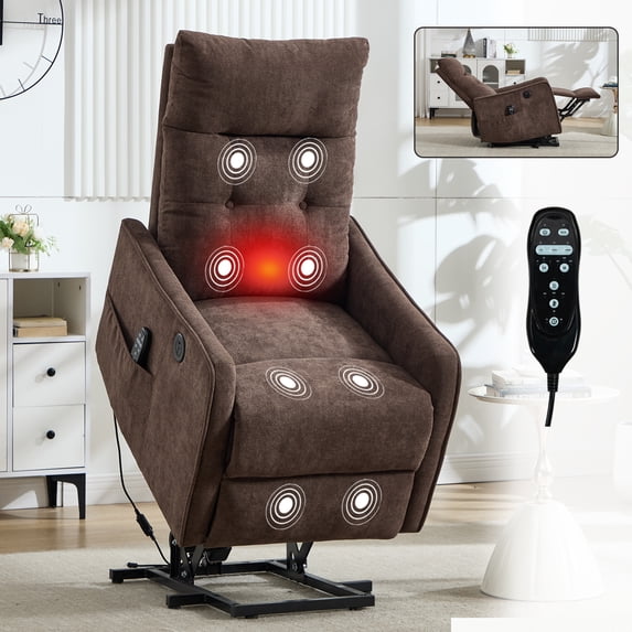 Leumius Power Lift Recliner Chair with Massage and Heat for Elderly,Heavy Duty Electric Reclining Chair with Side Pockets,USB Charge Port for Living Room,Brown+Chenille