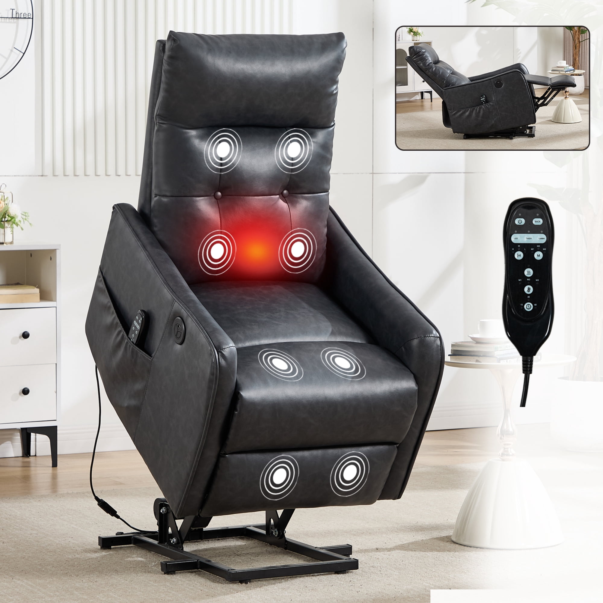 Leumius Power Lift Recliner Chair with Massage and Heat for Elderly,Heavy Duty Electric Reclining Chair with Side Pockets,USB Charge Port for Living Room,Grey-Faux Leather