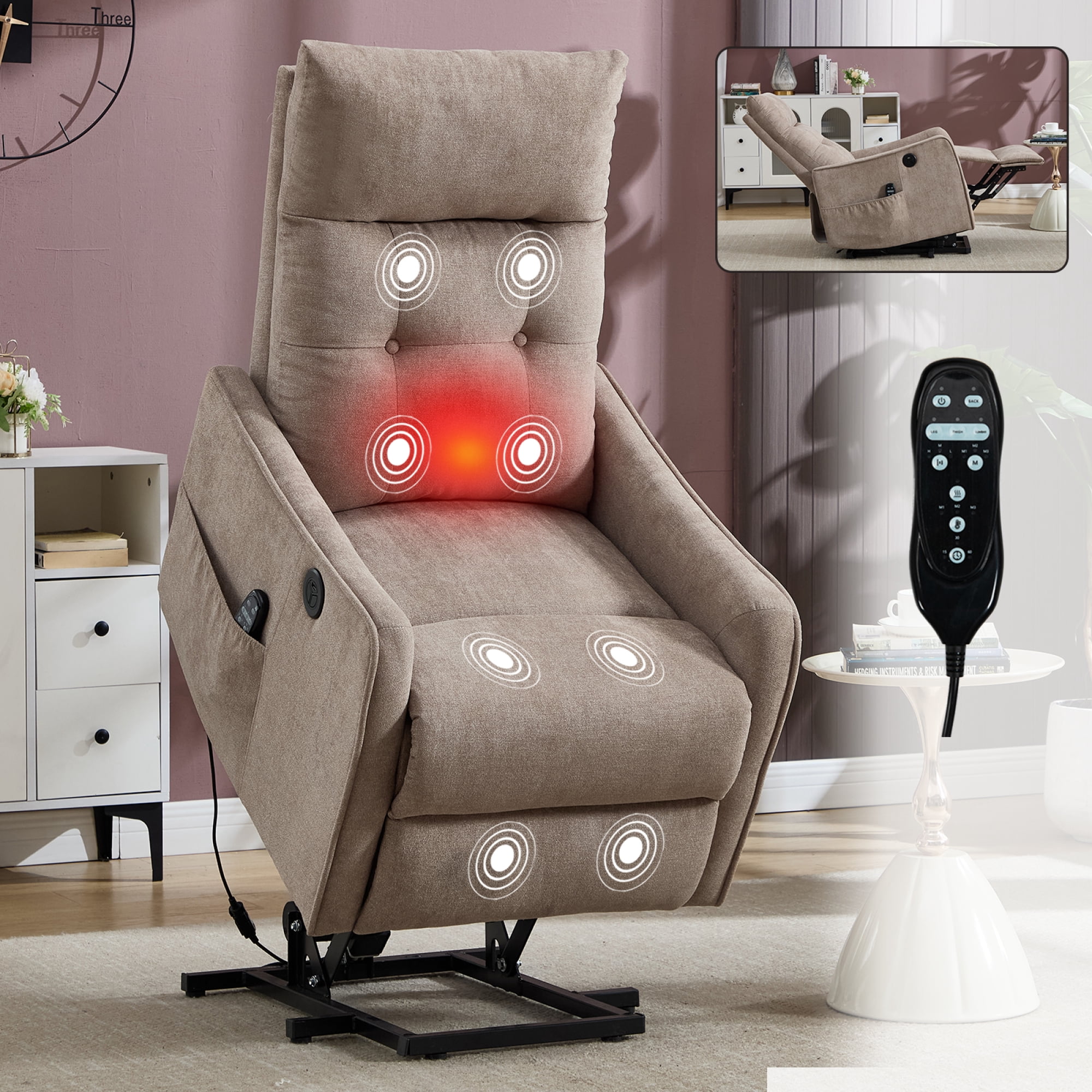 Leumius Power Lift Recliner Chair with Massage and Heat for Elderly,Heavy Duty Electric Reclining Chair with Side Pockets,USB Charge Port for Living Room,Khaki+Chenille