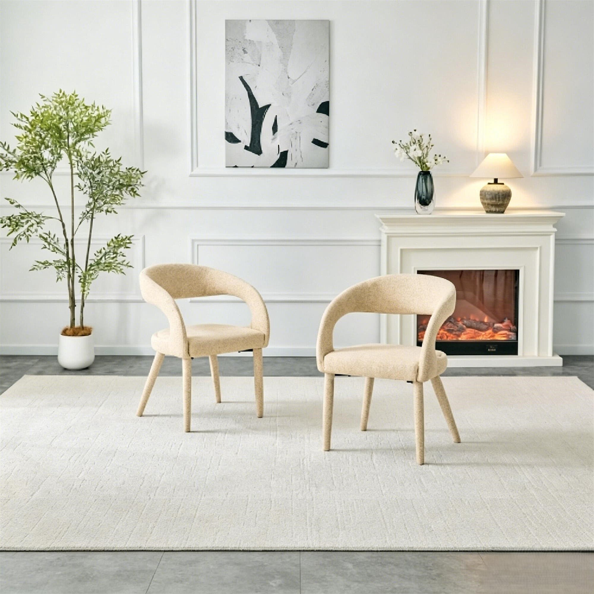Leumius Premium Sherpa Upholstered Dining Chair with Hollow Backrest Accent Chair for Dining Room Bedroom Vanity Living Room Conference (Oatmeal, Set of 2)