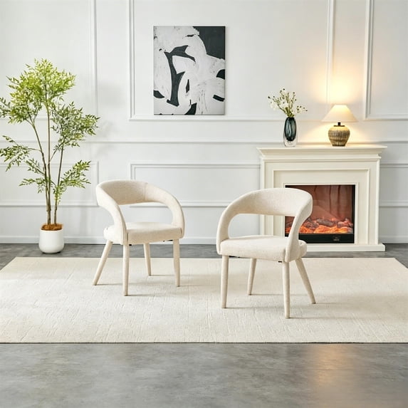 Leumius Premium Sherpa Upholstered Dining Chair with Hollow Backrest Accent Chair for Dining Room Bedroom Vanity Living Room Conference (Off White, Set of 2)