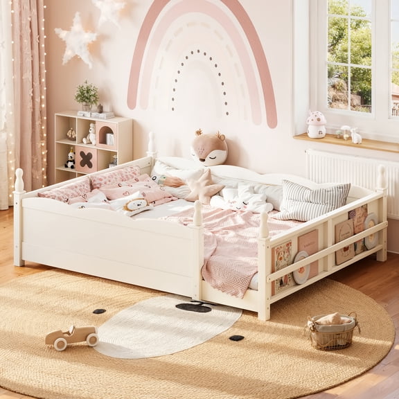 Leumius Queen Floor Bed with Full-Length Guardrails, Kids Montessori Floor Bed with Beside Book Shelf for Boys Girls Beige