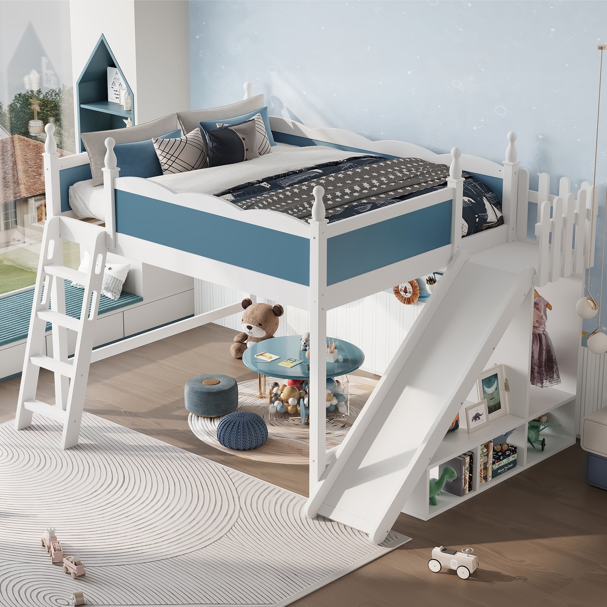Leumius Queen Loft Bed Frame with Storage Shelves and Wardrobe, Solid Wood Loft Bed with Detachable Slide and Ladders for Kids Teens Adults Blue and White