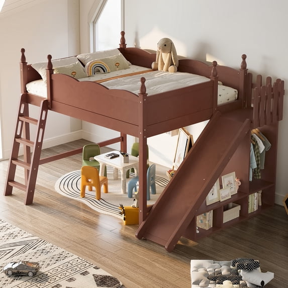 Leumius Queen Loft Bed Frame with Storage Shelves and Wardrobe, Solid Wood Loft Bed with Detachable Slide and Ladders for Kids Teens Adults Deep Natural