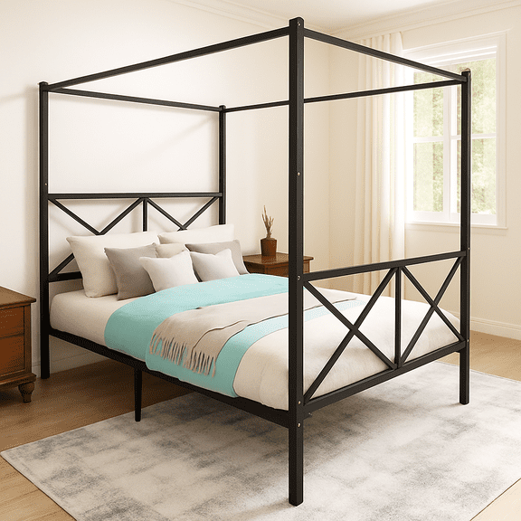 Leumius Queen Metal Canopy Bed Frame,Platform Bed Frame Queen with X Shaped Frame,Black
