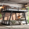 thumbnail image 1 of Leumius Queen over Queen Bunk Bed Frame with 2 Side Ladders, Metal Bunk Bed with Spdcial Support Leg Design and LED Light, Low Profile Bunk Bed for Teens Adults Black, 1 of 9