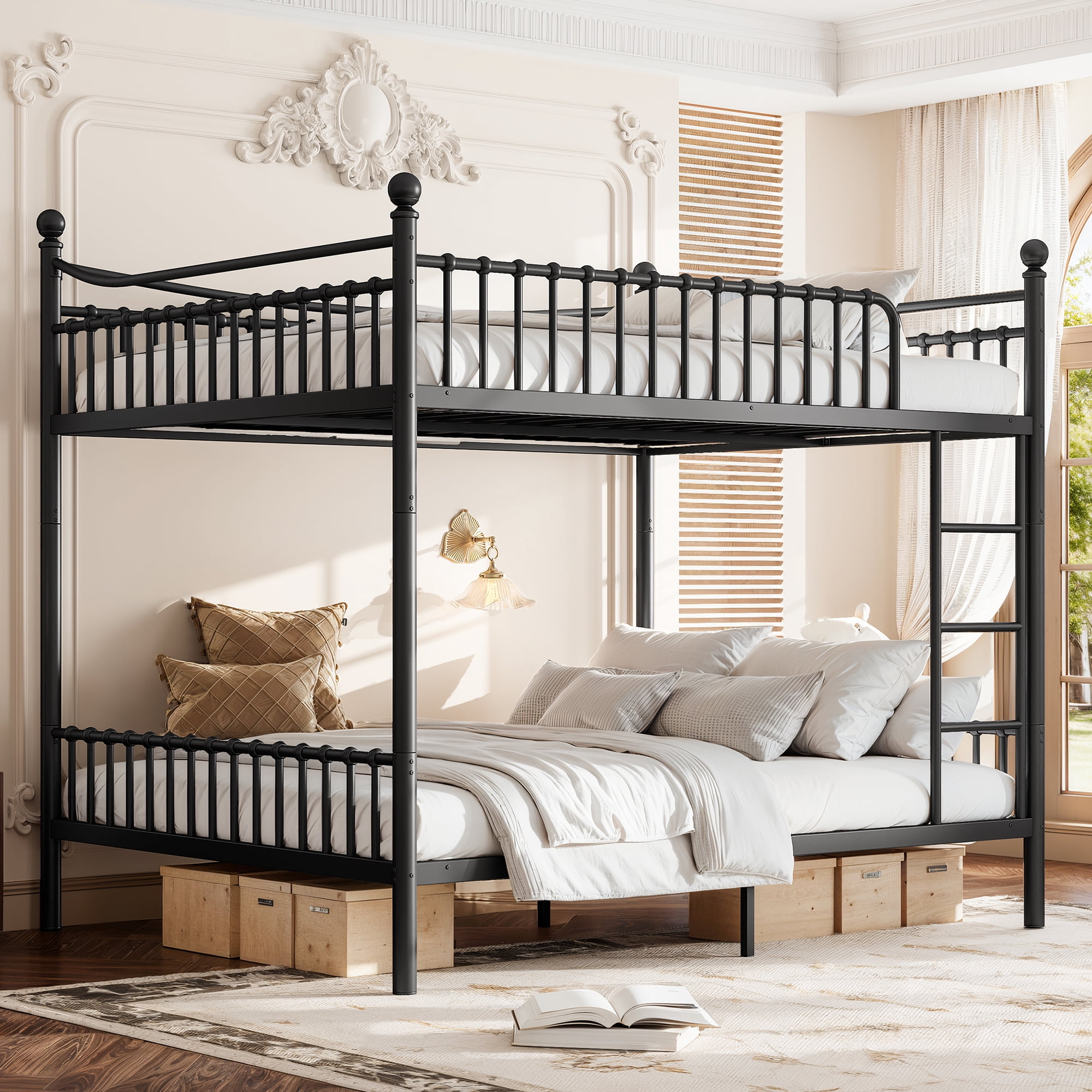 Leumius Queen over Queen Metal Bunk Bed with Unique Curved Guardrail Design, Round Tube Bunk Bed Frame, Metal Bunk Bed Frame for Kids Teens Adults Black