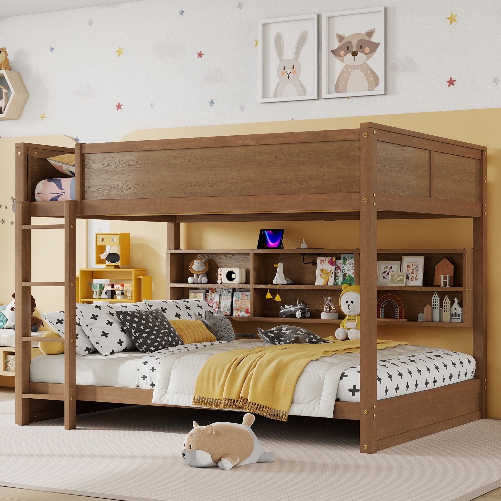 Leumius Queen over Queen Size Bunk Bed Frame with Built-in Storage Cabinets,Charging Station,Ladder,Safety Guardrails,Solid Pine Wood Bunk Bed for Boys Girls Wheat