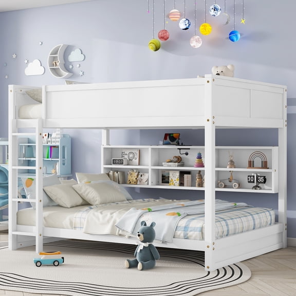 Leumius Queen over Queen Size Bunk Bed Frame with Built-in Storage Cabinets,Charging Station,Ladder,Safety Guardrails,Solid Pine Wood Bunk Bed for Boys Girls White