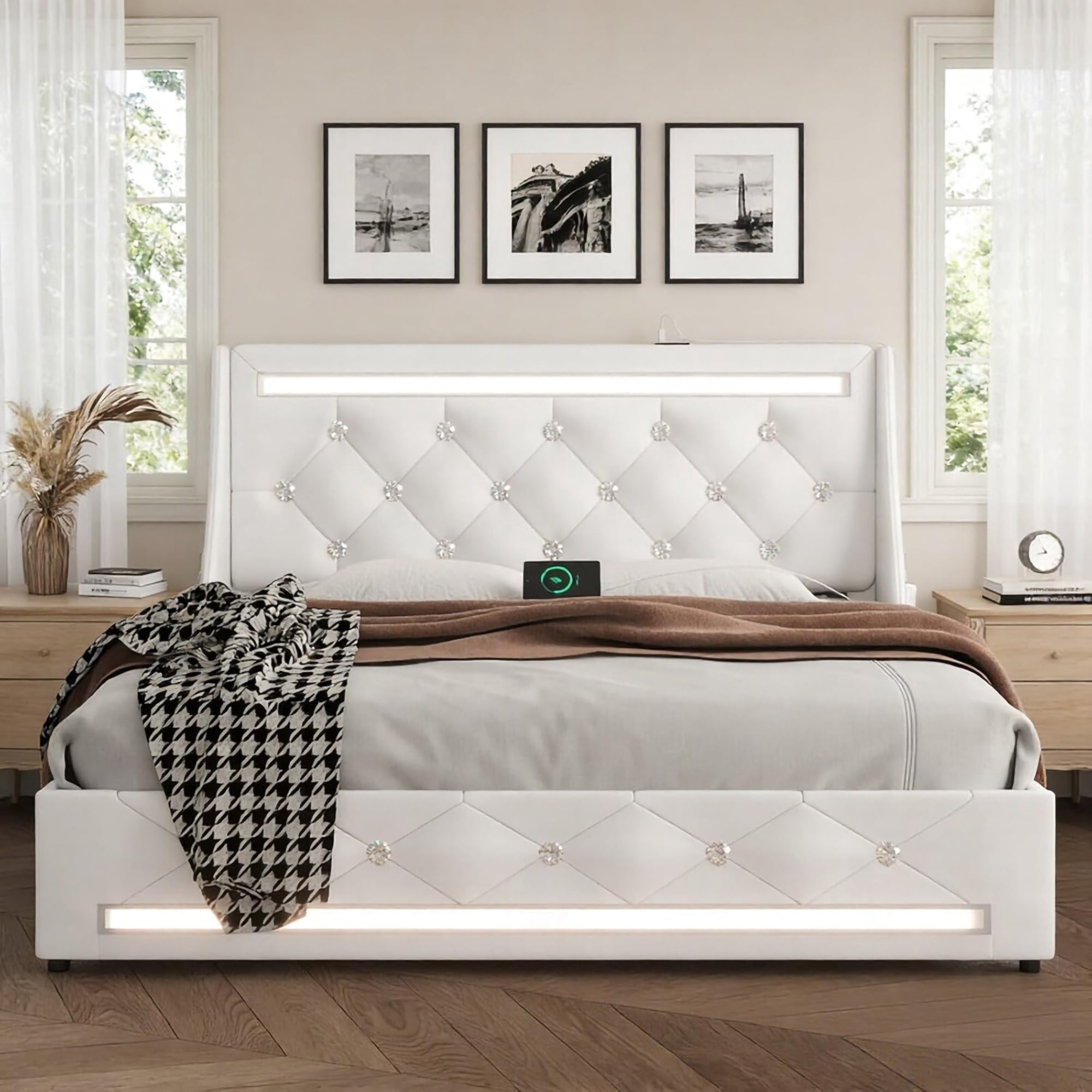 Leumius Queen Size Bed Frame with LED Lights and Charging Station,2 Storage Drawers, Faux Leather Upholstered Platform Bed with Wingback Diamond Headboard,Easy Assembly, No Box Spring Needed,White