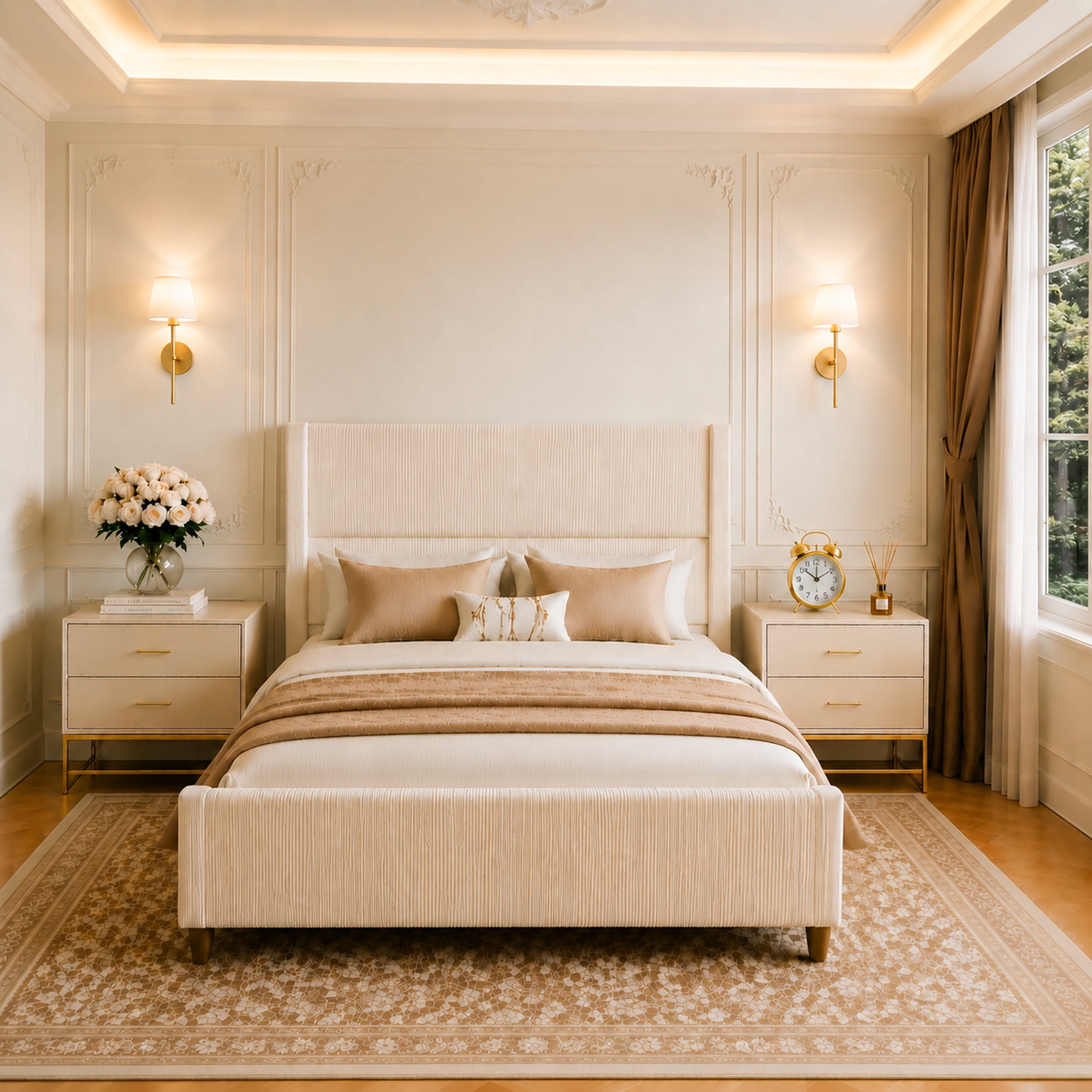 Leumius Queen Size Bed Frame with Padded Headboard, Luxury Thick Base Bed with Extra-high Wingback Vertical Stripes, Sturdy Solid Wood Slats and Legs,Beige