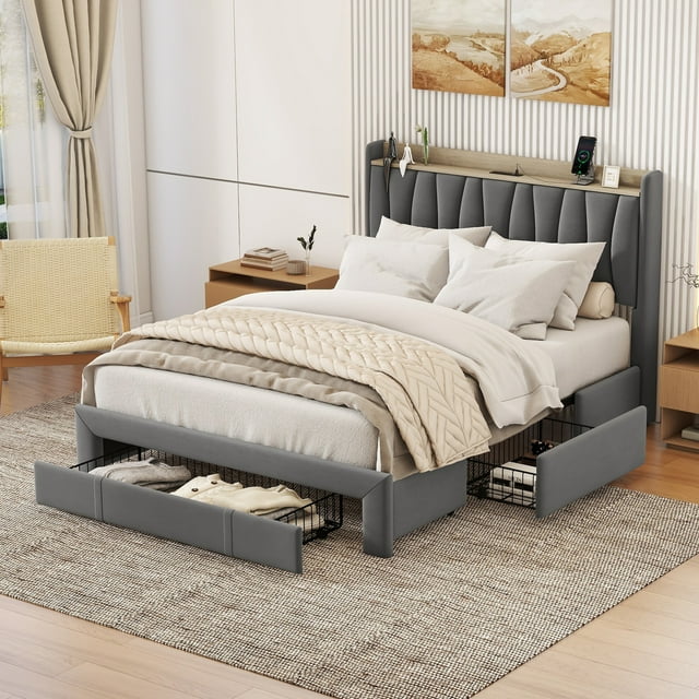Leumius Queen Size Bed Frame with Storage Headboard & USB Charging Station,Upholstered Platform Bed with 3 Storage Drawers,No Box Spring Needed,Dark Gray