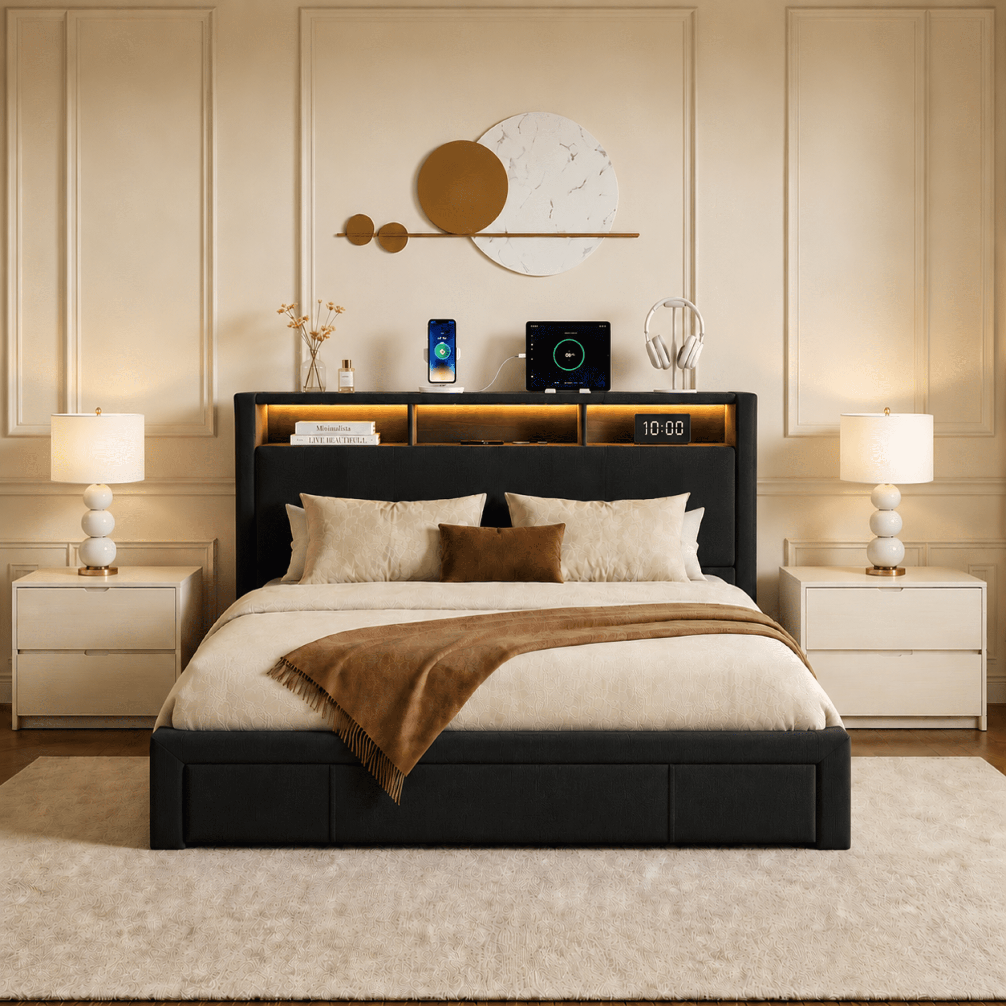 Leumius Queen Size Bed Frame,Upholstered Platform Bed Frame with LED & Charging Station,Drawers and Storage Headboard,Noise-Free, No Box Spring Needed,Black(Queen)