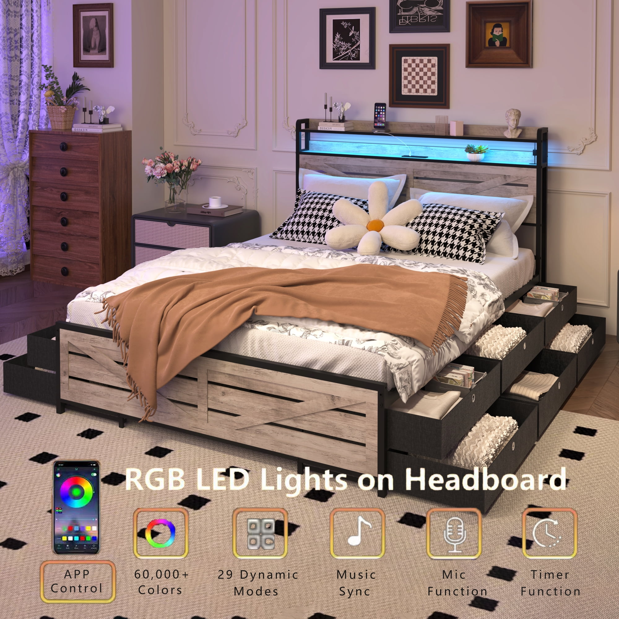 Leumius Queen Size Bed Frame with 12 Drawers and LED Lights,Metal Platform Bed with Stroage Shlef,Gray